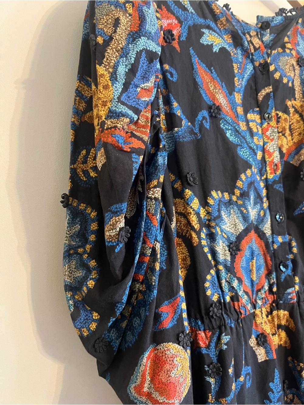 Farm Rio Black Latina Scarf Tapestry Embroidered Puff Sleeve Mini Dress Size M - Picture 5 of 9